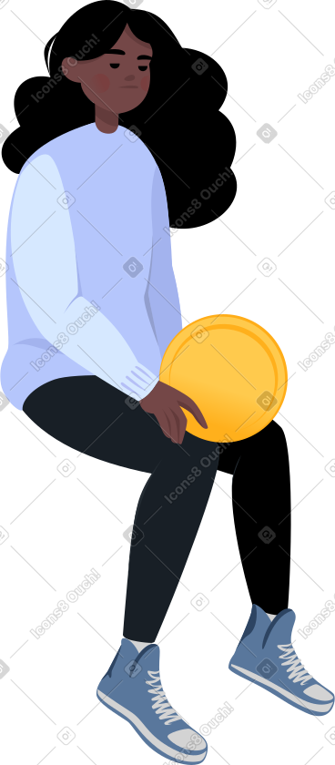 Sad girl sitting with a coin PNG, SVG