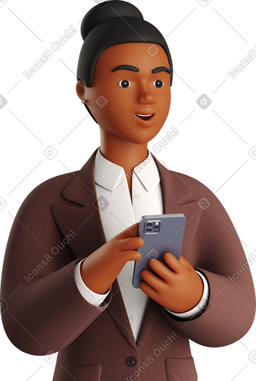 Black businesswoman in brown suit with phone looking aside PNG, SVG