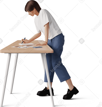 3D young woman leaning on table and writing PNG, SVG
