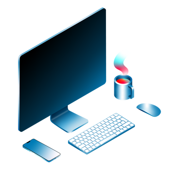 Isometric desktop with devices and a mug PNG, SVG