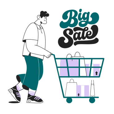 Schriftzug „big sale“ mit einem mann, der einen einkaufswagen schiebt PNG, SVG