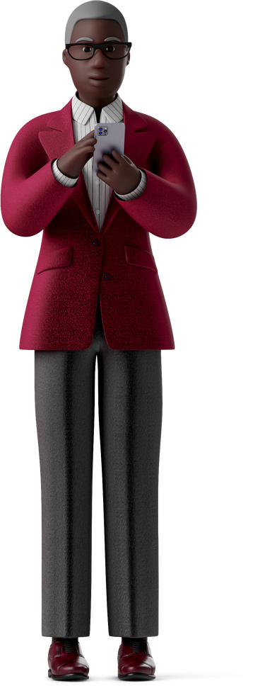 old black businesswoman in glasses and suit with phone looking straight PNG, SVG