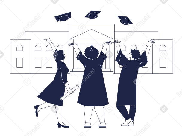 Los graduados universitarios arrojan gorras de posgrado contra el fondo del edificio de la universidad PNG, SVG