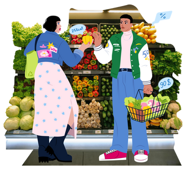 Jovens comprando produtos saudáveis no supermercado PNG, SVG