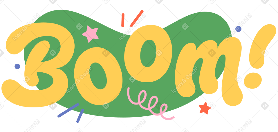 Ilustración animada de ¡boom de letras! con texto de estrellas y elementos decorativos en GIF, Lottie (JSON), AE