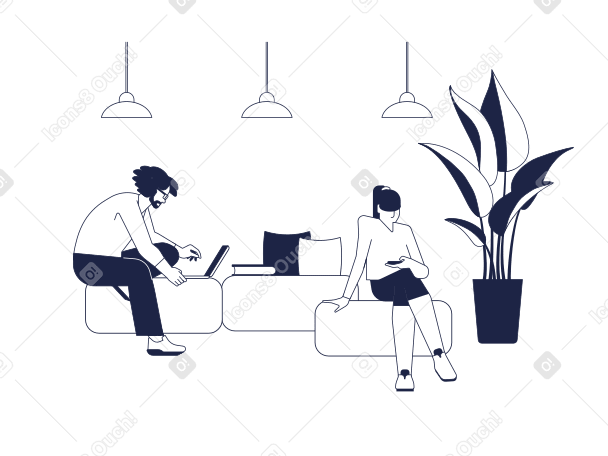 Illustration Un homme et une femme avec des gadgets travaillent, sur fond d'espace de coworking aux formats PNG, SVG