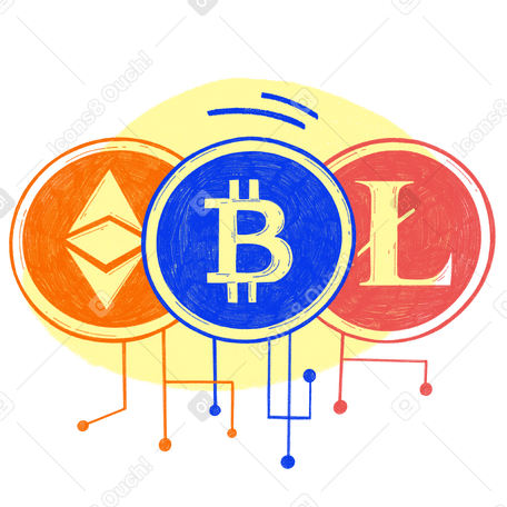 Different cryptocurrency coins and neural networks Illustration in PNG, SVG