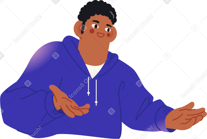 man in a blue hoodie talking and gesturing PNG, SVG