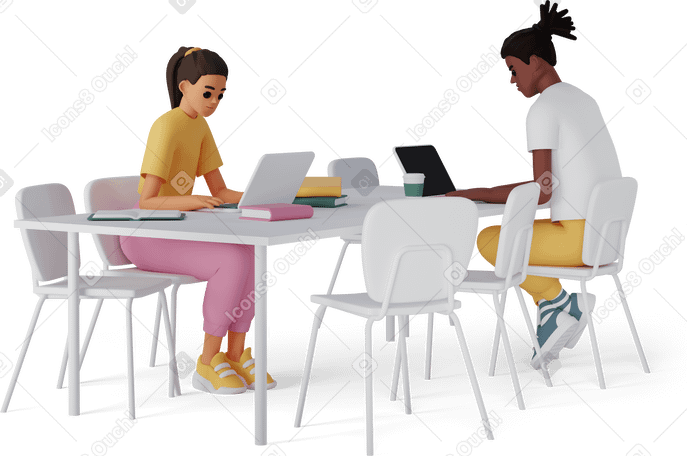 3D young man and woman discussing something while working PNG, SVG