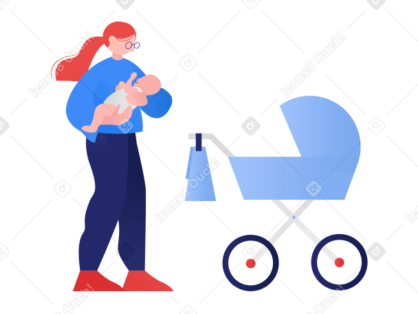Woman with baby stroller holding a child in her arms Illustration in PNG, SVG