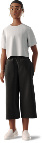 black woman in white t-shirt and black trousers standing Illustration in PNG, SVG