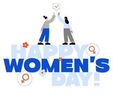 Happy women's day text, female symbols and high-fiving young women PNG, SVG