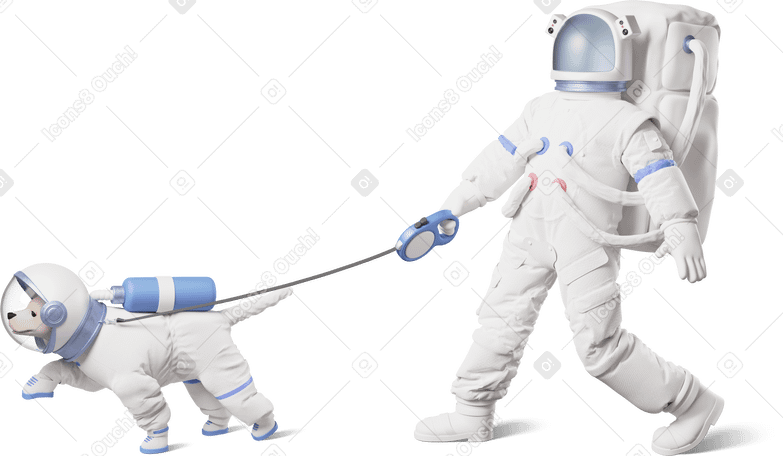 3D astronaut walking dog in space suit Illustration in PNG, SVG