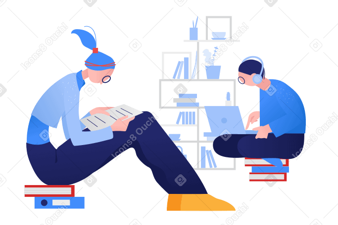 Boy listening to music and girl reading books in isolation PNG, SVG