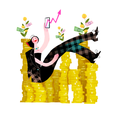 Woman sitting on a pile of money and investing on a phone PNG, SVG