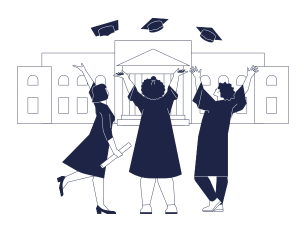 College graduates toss up graduate caps against the background of the university building Illustration in PNG, SVG