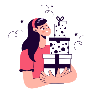 Девушка держит много подарочных коробок в PNG, SVG