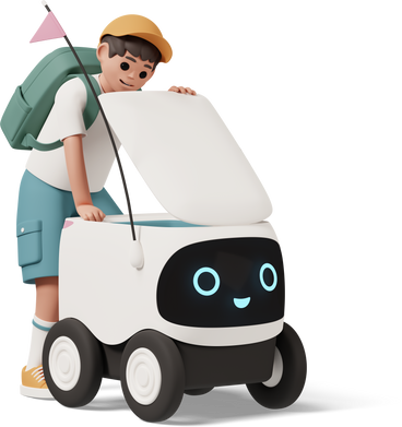school boy with delivery robot PNG, SVG