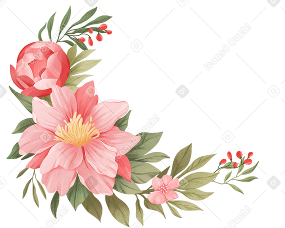 Pink flowers arranged in a semicircle among green leaves PNG, SVG
