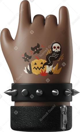 3D Rocker's dark brown skin hand with a tattoo showing rock sign PNG, SVG