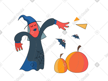 Witch casting a spell to pumpkins and bats PNG, SVG