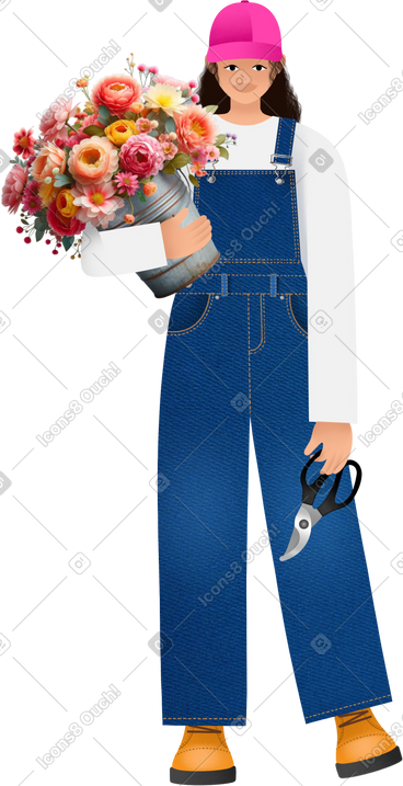 Young woman in denim overalls holding flowers PNG, SVG