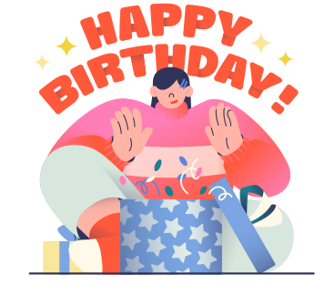 Lettering Happy Birthday with girl and gifts text PNG, SVG