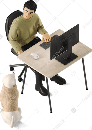 3D young man at work desk and dog PNG、SVG