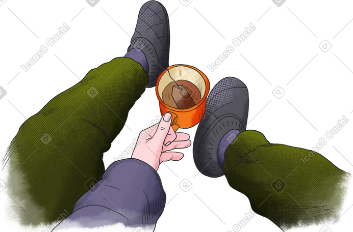 legs of a traveler with a mug in his hand PNG, SVG