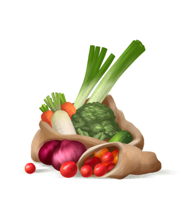Sacs en toile de jute avec des légumes frais PNG, SVG