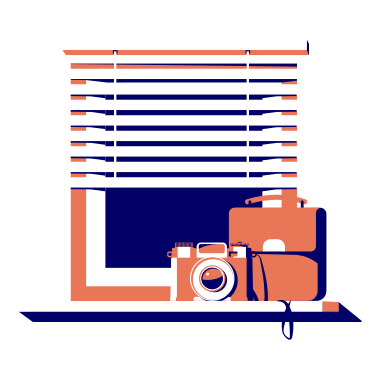 Photo camera and briefcase on windowsill PNG, SVG
