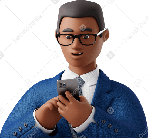 3D close up of black businessman in blue suit looking at phone Illustration in PNG, SVG