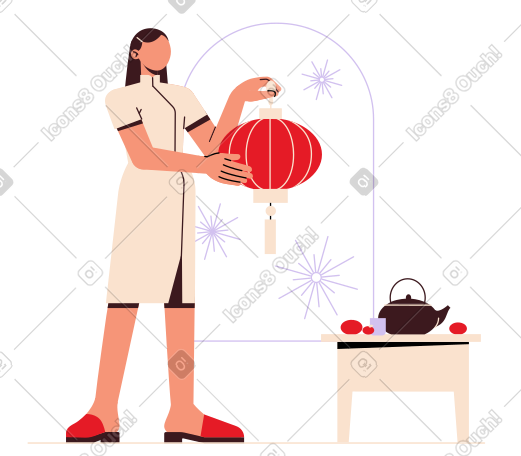 妇女拿着一个中国灯笼 PNG, SVG