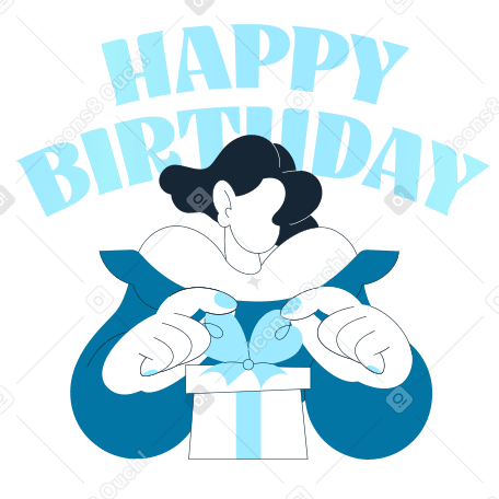 Текст с днем рождения с девушкой, открывающей подарок в PNG, SVG