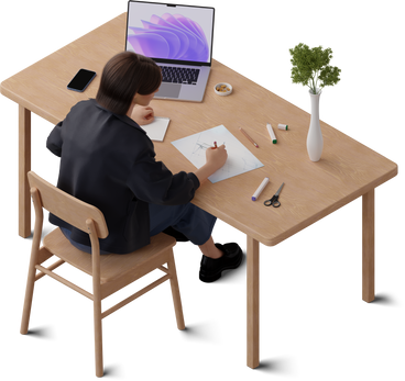 Isometric view of young woman sketching furniture в PNG, SVG