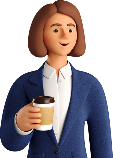businesswoman in blue suit with paper coffee cup PNG, SVG