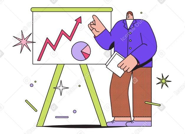 Man standing near board with graphs Illustration in PNG, SVG