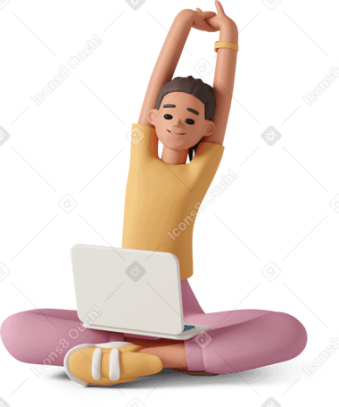 3D girl stretches with a laptop on her feet Illustration in PNG, SVG