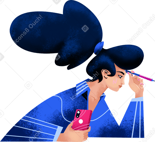 woman in a blue shirt with a phone and a pen Illustration in PNG, SVG