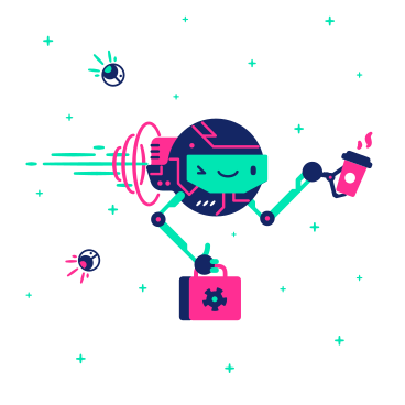 Robot worker flies to work with a coffee, drones and a work bag PNG, SVG