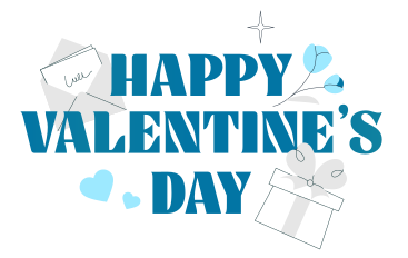 Schriftzug „happy valentinstag“ mit umschlag, geschenkbox, blumen und herzen PNG, SVG