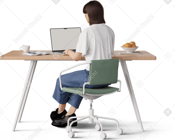 3D back view of girl working on laptop PNG, SVG