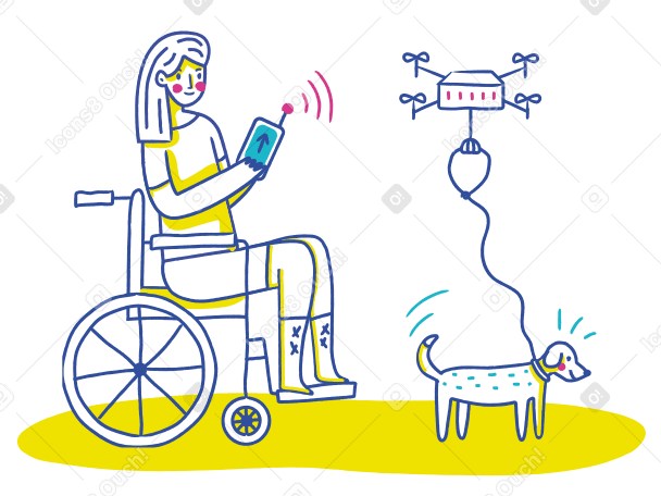 Woman in a wheelchair remotely controls a drone walks a dog Illustration in PNG, SVG
