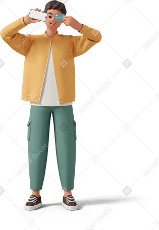 3D man holding phone and credit card PNG, SVG