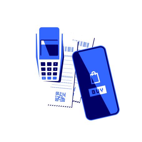 Сontactless payment terminal, two payment receipts and smartphone with contactless payment function Illustration in PNG, SVG