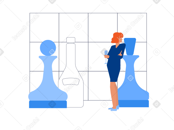 Woman standing near chess figures PNG, SVG