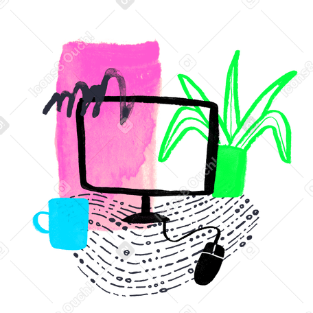 computer work place with cup and plant Illustration in PNG, SVG