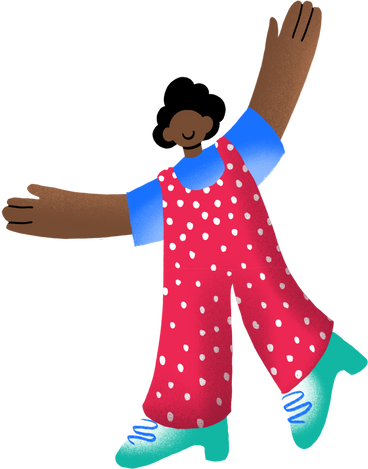 woman in overalls with her hands up high PNG, SVG