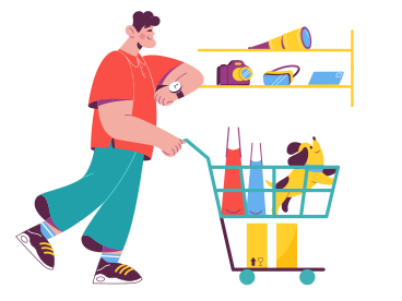 Man pushing a shopping cart with dog PNG, SVG