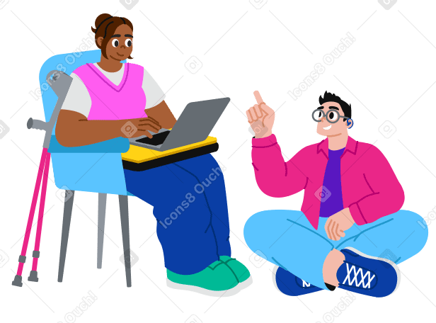 Girl with crutches and boy with a hearing aid studying PNG, SVG